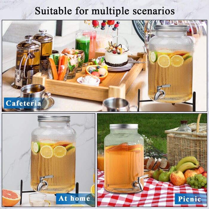 Скляний диспенсер для напоїв Evanda з нержавіючим сталевим краном, 4л, для приготування холодного чаю, лимонаду та соків