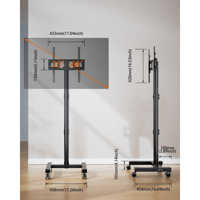 Мобільний підставка для телевізора на колесах FORGING MOUNT, 23-60 дюймів, регулювання висоти та нахилу, VESA 400x400, до 40 кг