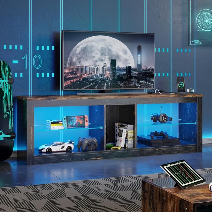 ТВ-тумба Bestier для телевізорів до 65 дюймів, 160x35x52 см з RGB-підсвічуванням та органайзером для кабелів, регульована скляна полиця, темно-коричневий