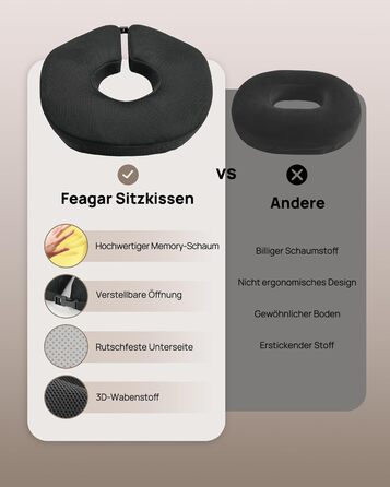 Ортопедична подушка-кільце Feagar: регульований ергономічний подушка-пончик для копчика, геморою та післяпологового відновлення, підходить для авто, офісного крісла та візка, чорна, великий розмір (90-140 кг)