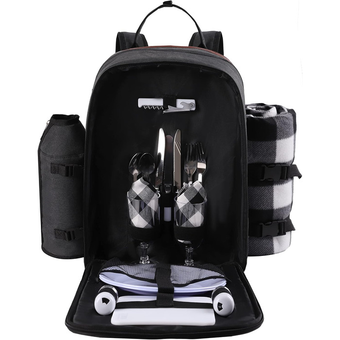 Набір для пікніка на 2 особи ALLCAMP: рюкзак, десерна тарілка, столові прибори, флісова ковдра, тримач для пляшки/вина (чорний)