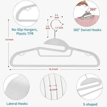 Плечики для одягу з пластику, набір 20 шт. з неслизьким покриттям, для краваток, обертаються на 360°, APY04G (білий + срібло)