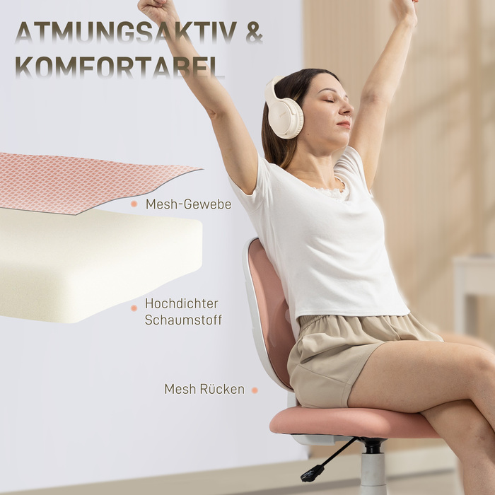 Офісний стілець HOMCOM: ергономічний стілець для роботи з C-подібною підтримкою спини, регульована висота, рожевий