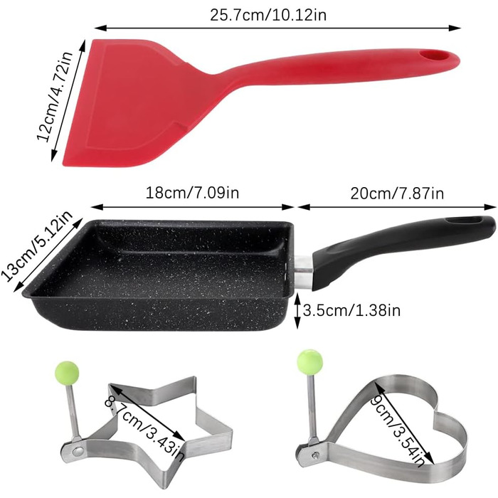 Японська сковорода для омлету, міні-прямокутна сковорода для яєць з широким силіконовим шпателем і 2 кільцями для смаженого яйця, тамагоякі з антипригарним покриттям-
