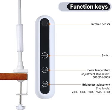 Світлодіодна настільна лампа, затискна, 5 кольорів і яскравості, 360 гусяча шия, сенсорне та дистанційне керування, білий
