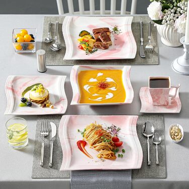 Серія Flora, 30 предметів - Комбінований обідній набір Mness aptieka з мармурового порцелянового посуду з 6 кавовими чашками, 6 блюдцями, 6 десертними тарілками, 6 суповими тарілками та 6 плоскими тарілками (рожеві, 30 предметів для обіднього сервізу)