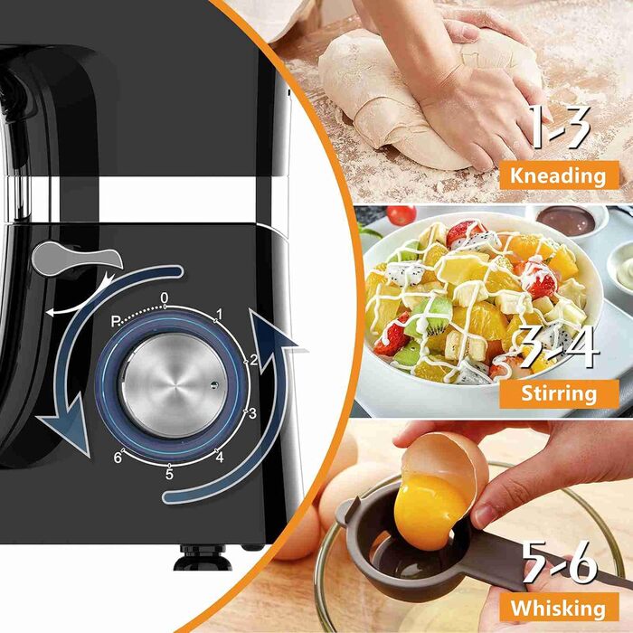 Кухонна машина 1500W з чашею 6.2L з нержавіючої сталі, 6 швидкостей, міксер для тіста, з набором насадок (вічорник, гак для тіста, вінчик), кришка-розбризкувач та скребок для тіста, чорна