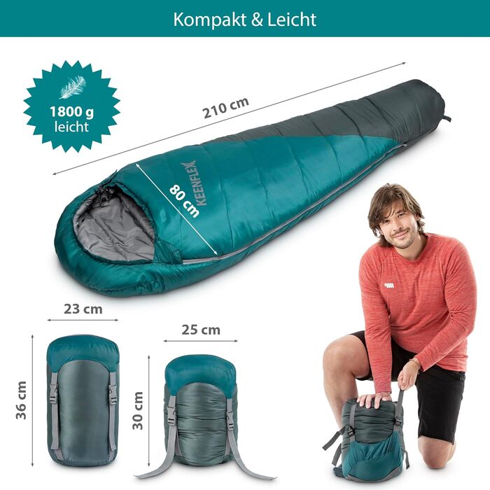 Спальний мішок KeenFlex 3-4 сезони, +7.2°C до -23.4°C, 1500/2150 г, для кемпінгу, літній та зимовий, машинне прання