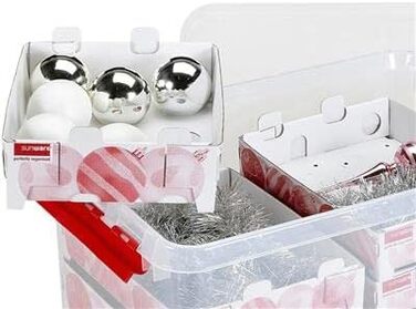 Коробка для прикрас SUNWARE Q-Line 45 л з підносами для 98 ялинкових кульок, прозора/червона