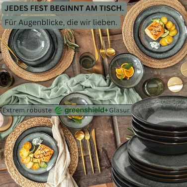 Набір посуду SÄNGER Teller Set Kopenhagen 24 елементи, 8 осіб, керамічний сервіз (тарілки для вечері, сніданку, супу), зелений/сірий, PREMIUM COLLECTION