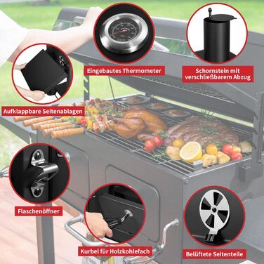 XXL вугільний гриль Grillwagen з кришкою, коптильня, гриль з колесами, ручка з нержавіючої сталі, грати, термометр, підлоговий гриль, 154.5 x 89 x 122 см