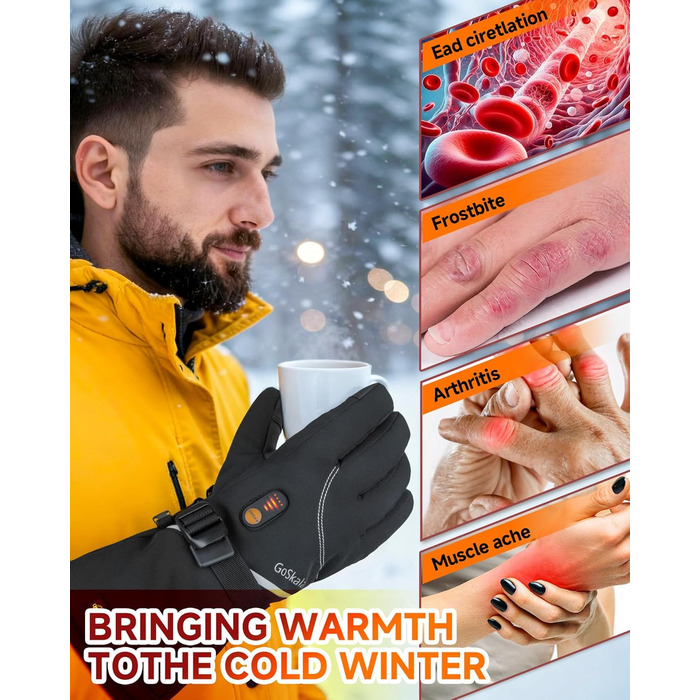 GoSkala Електричні гріючі рукавички для чоловіків, з акумулятором 7.4V 6000Ah, 3 режими нагріву, сенсорний екран, водонепроникні, з функцією Quick Dry, для катання на лижах, зимові рукавички (L, Чорний)