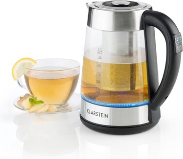 Електричний чайник Klarstein Ostfriese з частуванням, 1.7 л, 2200 Вт, 4 температурні режими, Cool-Touch, нержавіюча сталь & скло