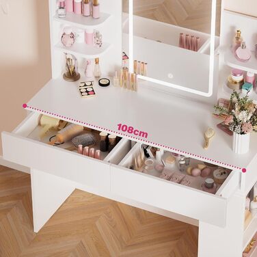 Трюмо Airfish з підсвічуванням 108x40 см: стіл для макіяжу з дзеркалом, 2 шухляди, 3 кольори, регулювання яскравості, для спальні/вітальні (білий)