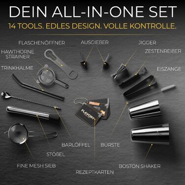 Коктейльний набір Schwarz 14 предметів: шейкер Бостон 825 мл, аксесуари для коктейлів, рецепти, професійний та початківець, подарунковий набір чорний
