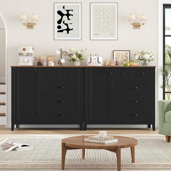 Сайдборд HOCSOK: кухонна шафа з 5 шухлядами та 1 дверцятами, буфет з робочою поверхнею, колір білий+коричневий