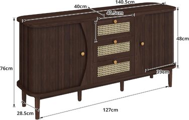 Комод з подвійними дверцятами та 3 шухлядами, дерев'яний, 140x40x76 см, стиль F, темно-коричневий