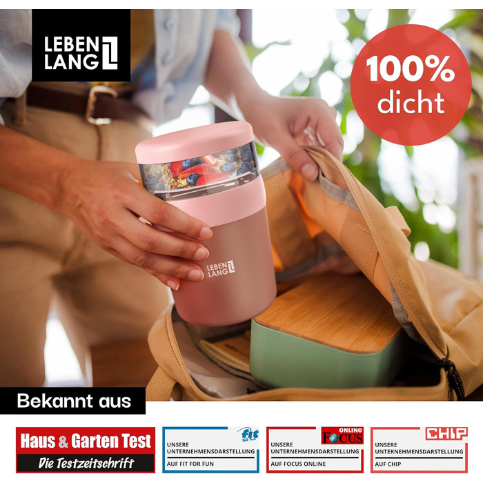 Мюслі-кружка LEBENLANG To Go з ложкою - ізольована чашка з нержавіючої сталі, 650 мл. Чашка для мюслі, йогурту, каші, для дітей та дорослих, рожева, 500 мл + 150 мл