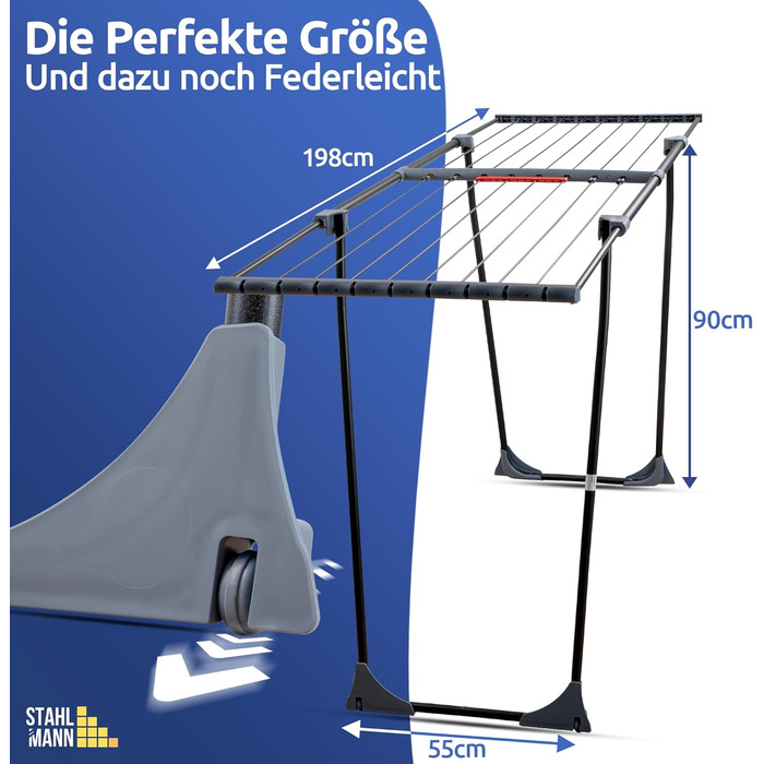 Розкладна сушилка для білизни STAHLMANN® - 20 м сушильної поверхні, чорна, з кріпленнями для дрібних речей, Made in EU