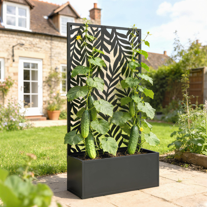 Квітковий ящик з екраном/перегородкою, кашпо з решіткою для підтримки ліан, прикрашене тропічними листковими мотивами, розміром 61 x 23 x 113 см, чорного кольору.