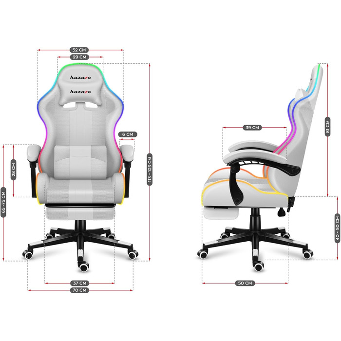Ігрове крісло Huzaro Force 4.7, до 140 кг, нахил, підлокітники, подушка для шиї/попереку, підставка для ніг, RGB, білий