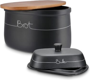 Набір контейнерів для картоплі, цибулі та часнику KHG, 3 шт., кераміка, бамбукові кришки, сірий антрацит, об'єм 3 л та 1,5 л (хлібниця та маслоблок)