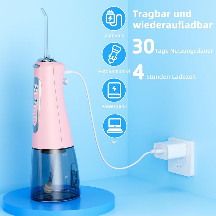 Електрична ірigator для порожнини рота Munddusche з 5 режимами, 300 мл, 6 насадок, рожевий