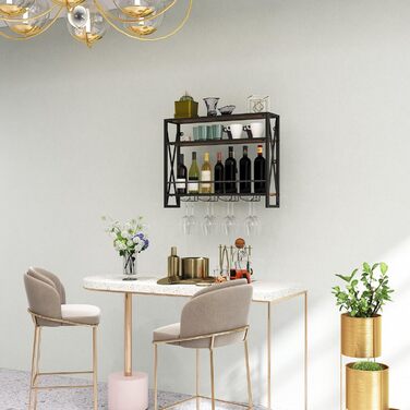 Стильна полиця для вина Komfotteu на стіну, дерев'яна з металевим каркасом, з тримачем для келихів, органайзер для пляшок, бар, кухня, вітальня (80 x 20 x 63 см)