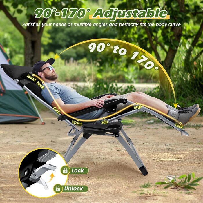 Розкладне шезлонґ для саду та басейну, широке крісло для відпочинку 72 см, з подушкою, чорний, витримує до 200 кг