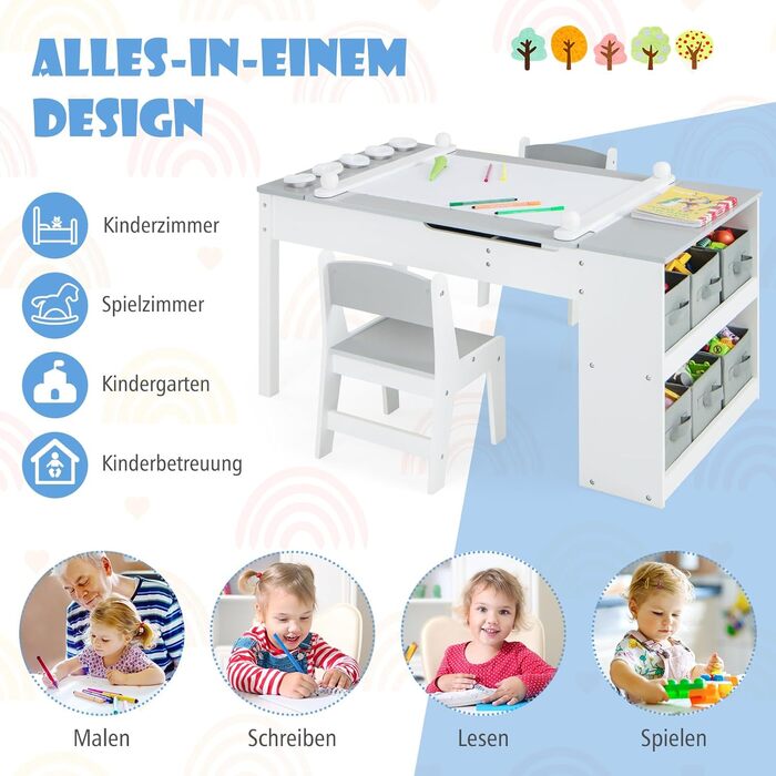 Дитячий стіл COSTWAY 3 в 1 з 2 стільцями, активний стіл-мольберт з підйомною стільницею, набір кольорів, 6 тканинних контейнерів та рулон паперу, сірий, 109x60x55 см