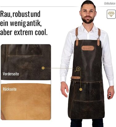 Фартух з натуральної шкіри буйвола, чорний: для гриля, барбекю, приготування їжі та кухні. Вінтажний стиль.