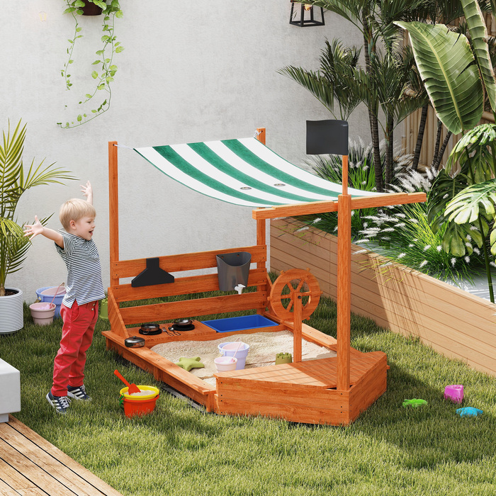 Outsunny Sandpit Sandpit великий з кришкою в дизайні корабля Грязьовик з дерева Вітрильний корабель Ігровий будиночок з кухнею Ігровий набір для зберігання для дітей 3-7 років Помаранчевий 180 x 103 x 144.5 см