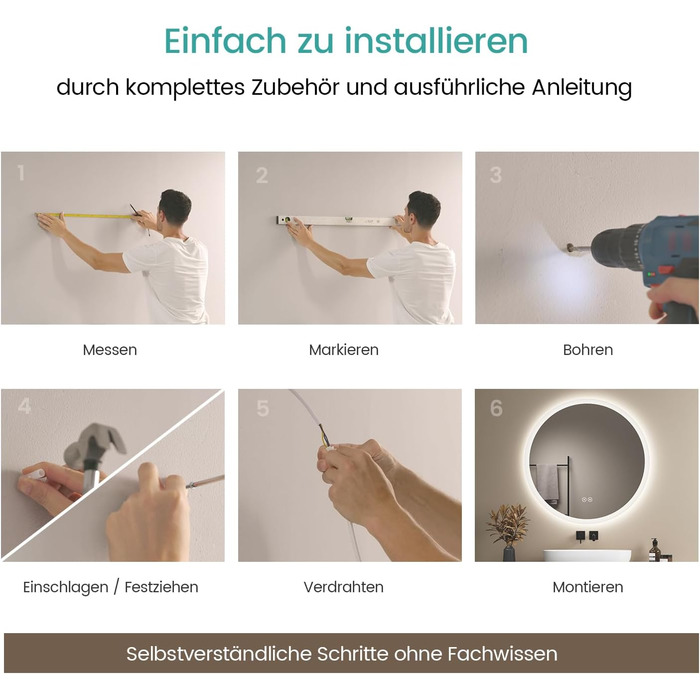 Дзеркало для ванної кімнати EMKE з підсвічуванням 80x60 см, сенсорне керування, антизапар, 3 кольори світла, регулювання яскравості, функція пам'яті, енергозбереження