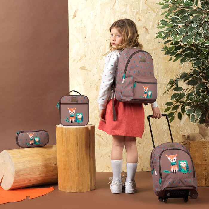 Екологічний дитячий рюкзак з колесами та лісовими тваринами - Дитячий візок з переробленого пластику з колесами - Повсякденна сумка-візок для дитячого садка - 36x25x15 см Еко палевий і сова