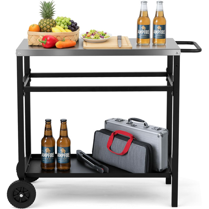 Гриль-вагон LEADZM - гриль-стіл для вулиці, 95 x 45 x 83 см, стіл з нержавіючої сталі срібного кольору, на колесах, мобільний, сервірувальний візок для садів, чорний, 95x45x83 см