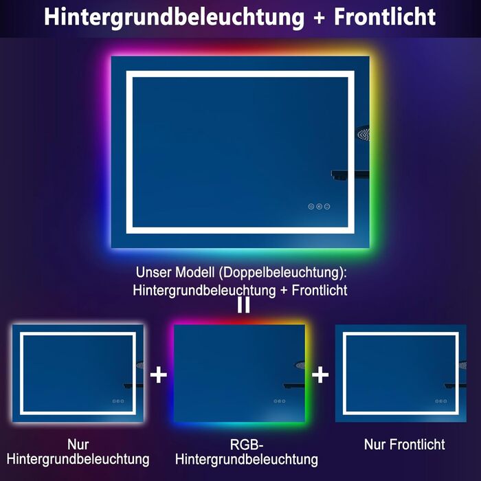 Дзеркало для ванної кімнати зі світлодіодним підсвічуванням 50x70 см, сенсорне керування, RGB