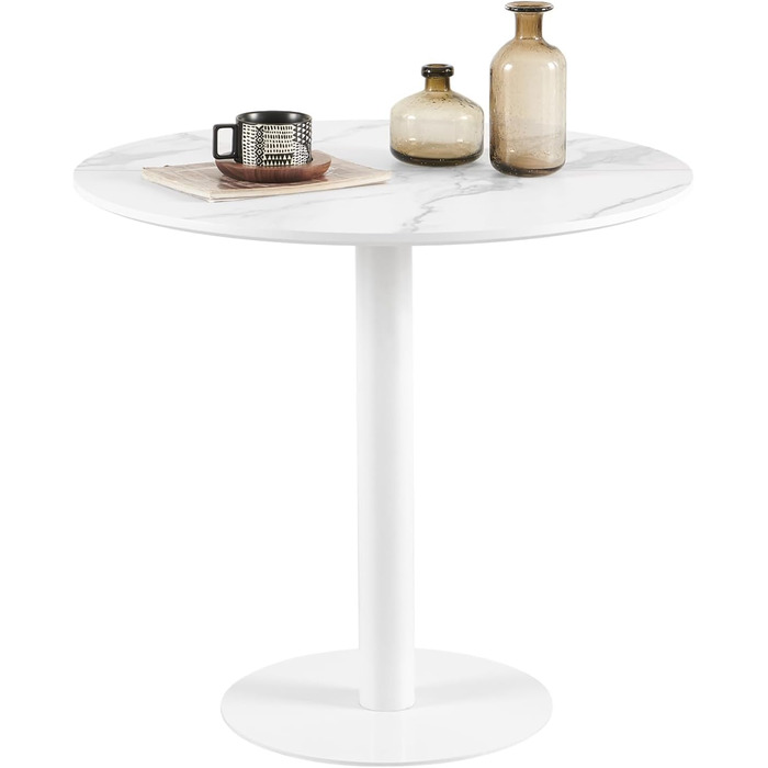 Круглий обідній стіл для кухні, вітальні, балкону. Білий стіл 70x70 см з мармуровою стільницею та прямою ніжкою