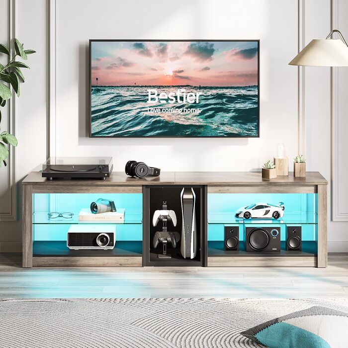 ТВ-тумба Bestier для телевізорів до 65 дюймів, 160x35x52 см з RGB-підсвічуванням та органайзером для кабелів, сірий колір