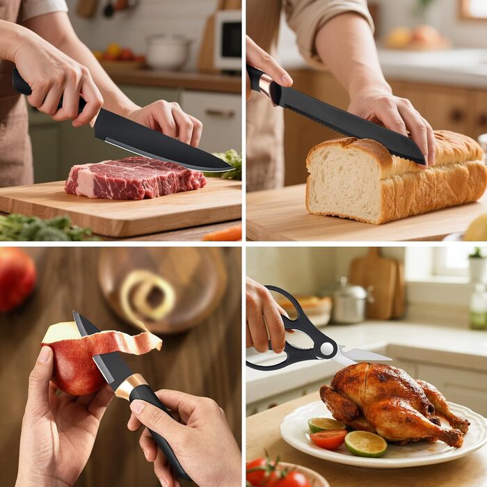 Набір ножів Makfoner 6 шт. з знімним бруском: кухонні ножі Сантоку, для хліба, кухонні, для чищення, універсальні, ножиці, з нержавіючої сталі, білий