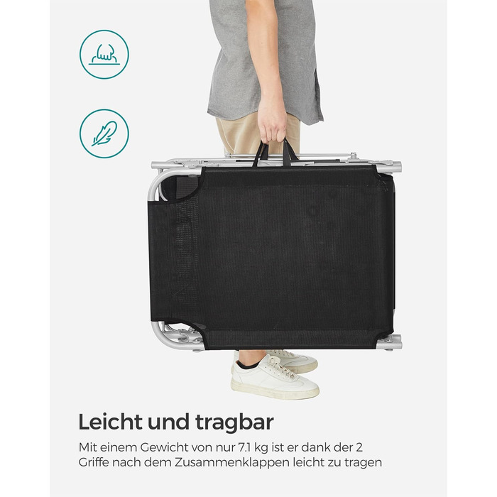 Лежак для відпочинку SONGMICS, розкладний, 193 x 53 x 29 см, до 150 кг, захист від сонця, подушка, регульована спинка, для саду, басейну, тераси (Чорний)