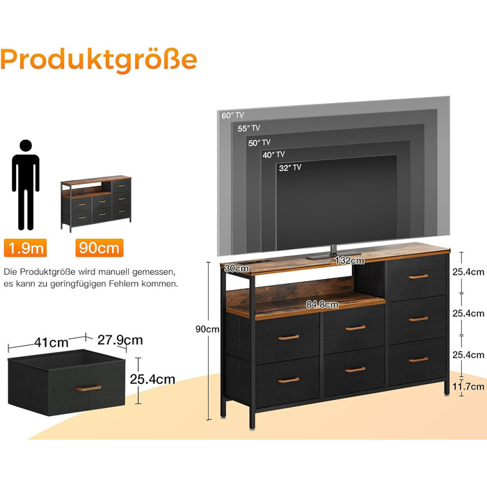 Комод Coleshome з висувними ящиками, LED-підсвічуванням, 2 USB-портами та розетками, 7 тканинних ящики, 132*30*89 см (Ретро колір)