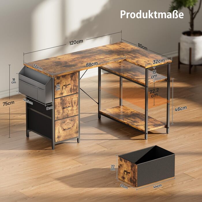 Письмовий стіл HLONONE L-подібний з 3 висувними ящиками для тканини, комп'ютерний стіл з місцем для зберігання, білий (120 x 80 см, коричневий)