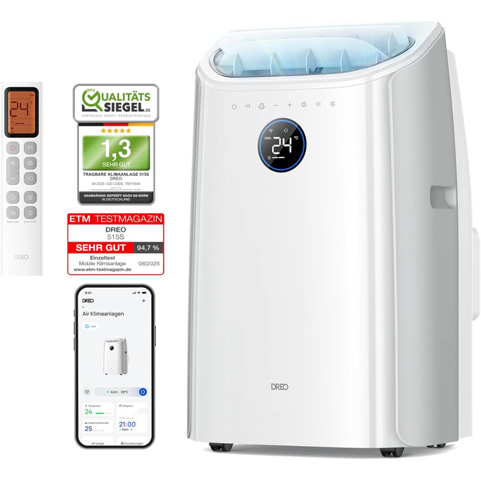 Мобільний кондиціонер Dreo 10000 BTU з охолодженням без дренажу, керуванням через додаток/голос/пульт, таймером 24 години та функцією вентилятора/зневожувача, AC515S