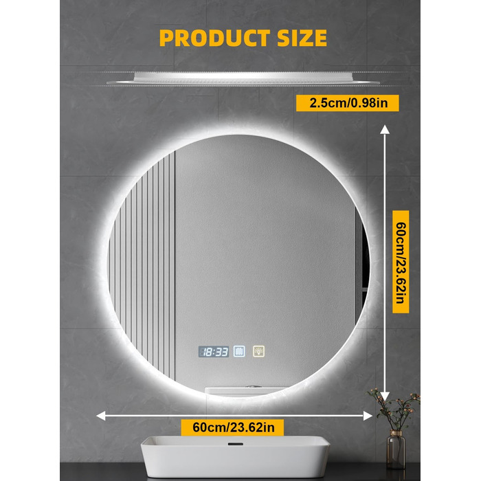 Дзеркало для ванної кімнати Bellanny LED з підсвічуванням 60 см | Настінне дзеркало для макіяжу, косметичне дзеркало | Дзеркало для макіяжу з сенсорним вимикачем, 3 кольори світла, регулювання яскравості, проти запотівання, IP44, кругле, горизонтальне/вер