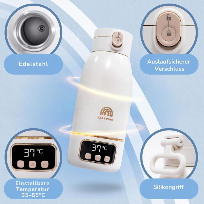 Jolly Mino: Портативний підігрівач пляшок 500 мл – Бездротовий, з нержавіючої сталі, для дитячого харчування та води – Ідеальний для подорожей, авто та літака