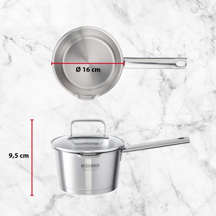 Каструля Meisterkoch з нержавіючої сталі 16 см | з виливом, мірною шкалою та ізольованою ручкою | 1 скляна кришка з дрібним та великим ситом | посуд з нержавіючої сталі, підходить для індукційних плит 16 см