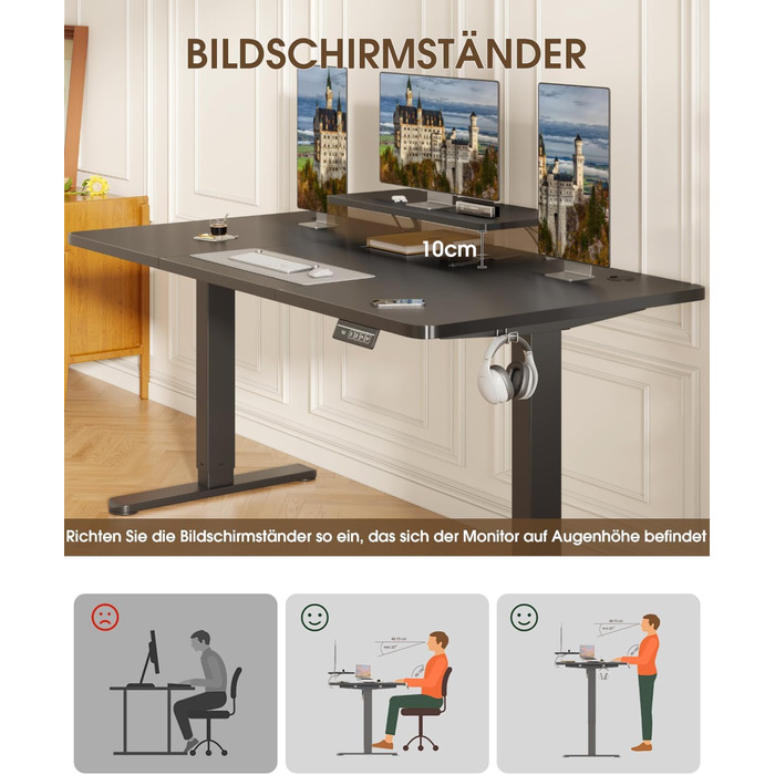 Електричний столик Devoko 160x70 см з регулюванням висоти, з підставкою для монітора, комп'ютерний, 2 функції пам'яті, вінтажний коричневий