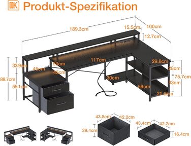 Письмовий стіл ODK L-подібний з розетками, USB, LED, шухляда та полиці, 172.5100 см, чорний