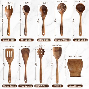 Набір кухонних аксесуарів з текового дерева (10 шт.) з підставкою, лопатка, половник, половник для супу, ложка для салату, виделки та ложки для салату, подарунок для кухаря