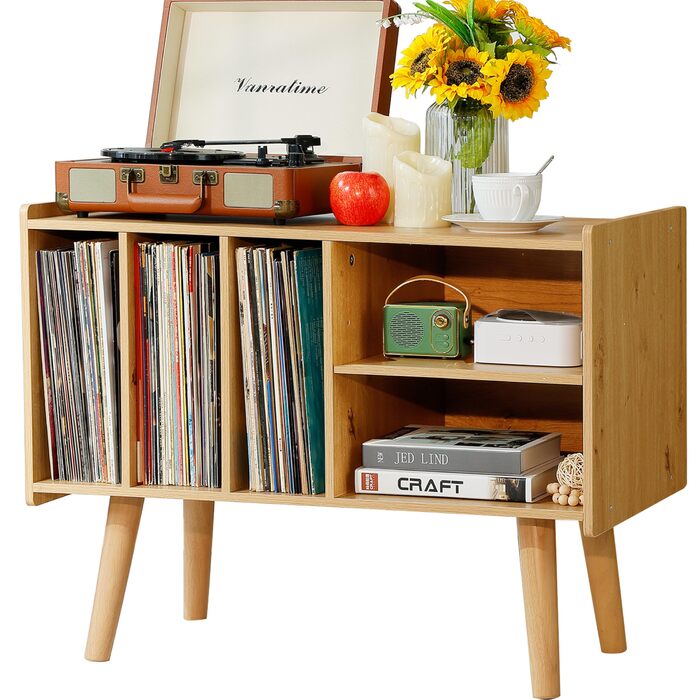 Підставка для програвача з місцем для зберігання вінілових платівок, до 136 кг, велика стільниця для альбомів, з тримачем, дерев'яна підставка для вінілу (Nature)